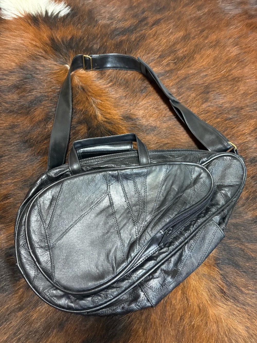 Men's Black Leather Messenger Sling Bag with Padded Shoulder Strap